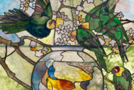 Louis Comfort Tiffany, Parakeets and Goldfish Bowl, 1889, glass, lead, copper, bronze, Museum of Fine Arts, Boston, MA, USA. Detail.