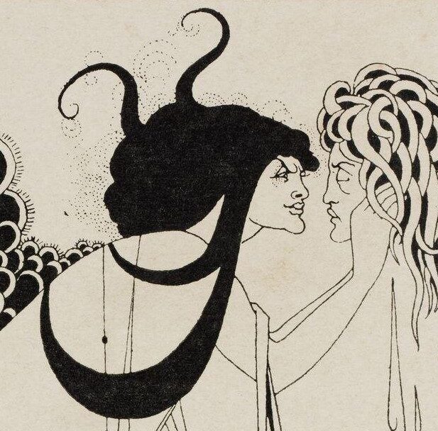 Aubrey Beardsley Climax: Aubrey Beardsley, The Climax. Plate XV from A Portfolio of Aubrey Beardsley’s drawings illustrating Salome’ by Oscar Wilde’, published by John Lane, London, 1907. © Victoria and Albert Museum, London, 2023. Detail.
