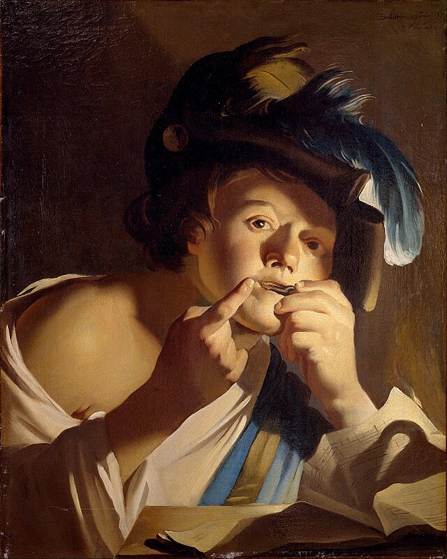 caravaggisti: Dirck van Baburen, Young Man Playing a Jew’s Harp, 1621, Centraal Museum, Utrecht, Netherlands.