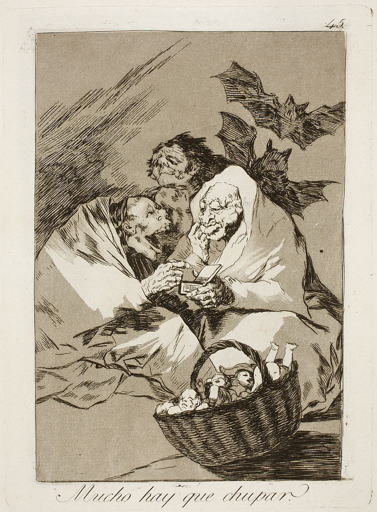 Caprichos: Francisco Goya, Capricho No. 45: Mucho hay que chupar (There is Plenty to Suck), 1799, Museo del Prado, Madrid, Spain.
