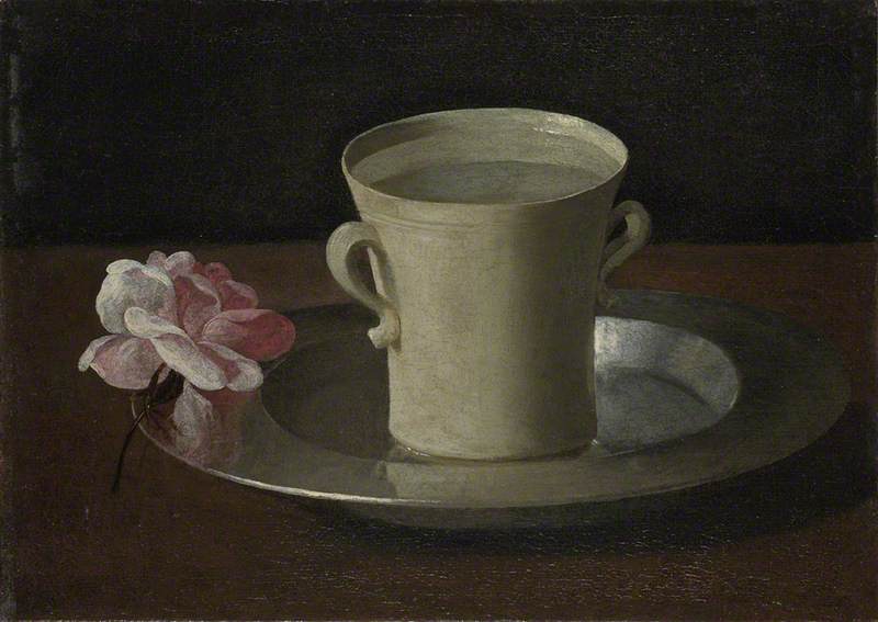 Francisco de Zurbarán still lifes: Francisco de Zurbarán, Cup of Water and a Rose on a Silver Plate, 1630, The National Gallery, London, UK.
