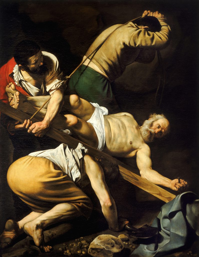 Tenebrism: Caravaggio, Crucifixion of Saint Peter, 1601, Santa Maria del Popolo, Rome, Italy.
