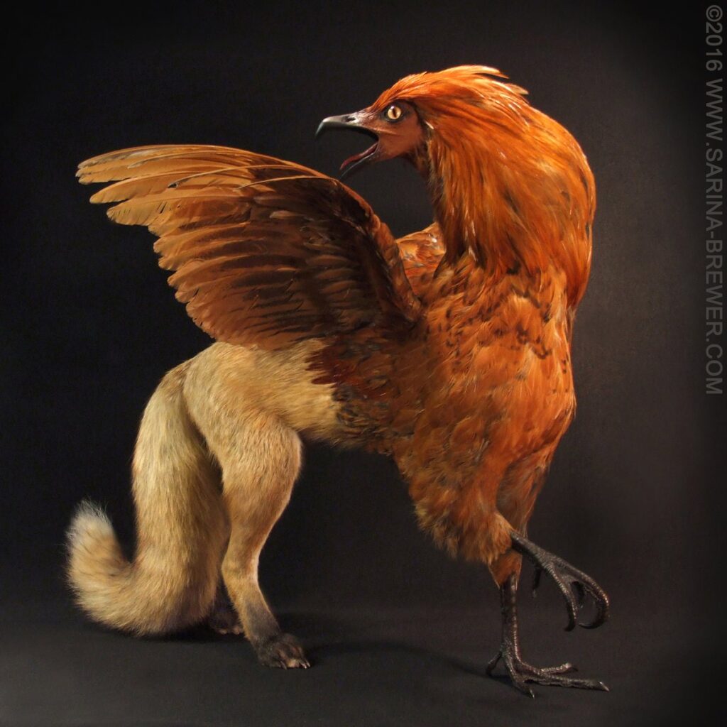 Taxidermy in art: Sarina Brewer, The Crimson Griffin, 2016. Artist’s website.
