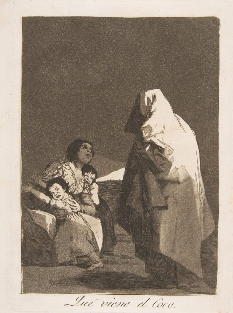 Caprichos: Francisco Goya, Capricho No. 3: Que viene el coco (Here Comes the Bogeyman), 1799, Museo del Prado, Madrid, Spain.

