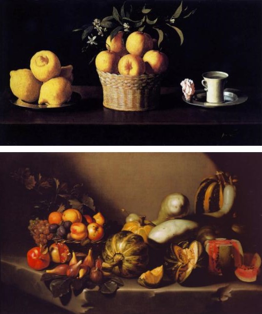 Francisco de Zurbarán: Top: Francisco de Zurbarán, Still-life with Lemons, Oranges and Rose, 1633, Norton Simon Museum, Pasadena, CA, USA. Wikimedia Commons (public domain); Bottom: Michelangelo Merisi da Caravaggio, Still Life with Fruit, c. 1603, Denver Art Museum, Denver, CO, USA. Wikimedia Commons (public domain).
