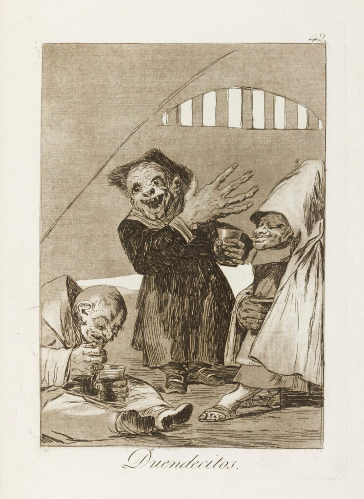 Caprichos: Francisco Goya, Capricho No. 49: Duendecitos (Hobgoblins), 1799, Museo del Prado, Madrid, Spain.
