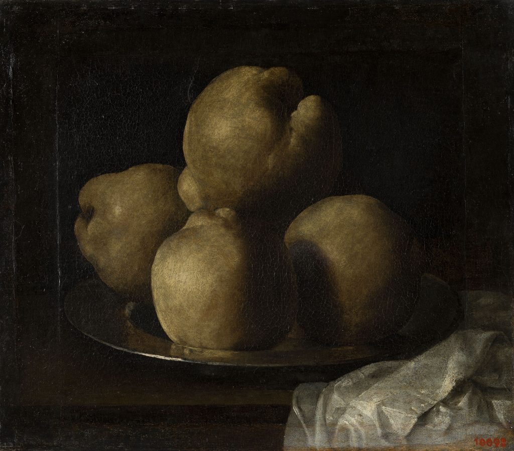 Francisco de Zurbarán still lifes: Francisco de Zurbarán, Still Life with Quince Plate, 1633-1635, Museu Nacional d’Art de Catalunya, Barcelona, Spain.
