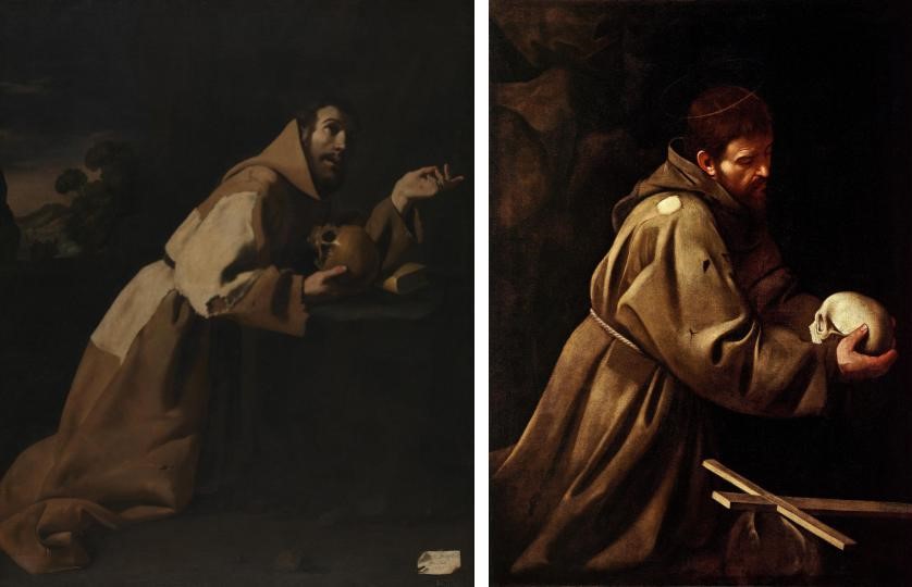 Francisco de Zurbarán: Left: Francisco de Zurbarán, Saint Francis in Meditation, 1639, National Gallery, London, UK. Wikimedia Commons (public domain); Right: Michelangelo Merisi da Caravaggio, Saint Francis in Prayer, c. 1606, Galleria Nazionale d’Arte Antica, Rome, Italy. Wikimedia Commons (public domain).
