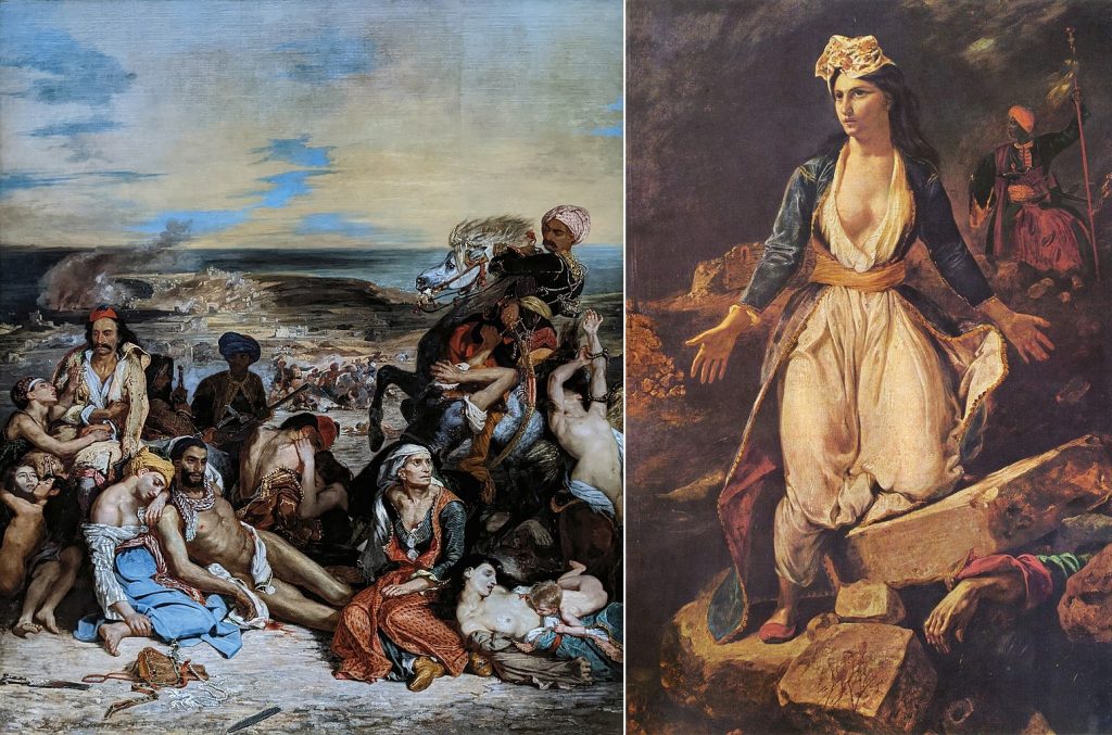 Romanticism: Left: Eugène Delacroix, The Massacre at Chios, 1824, Louvre, Paris, France. Right: Eugène Delacroix, Greece on the Ruins of Missolonghi, 1826, Musée des Beaux-Arts de Bordeaux, Bordeaux, France.