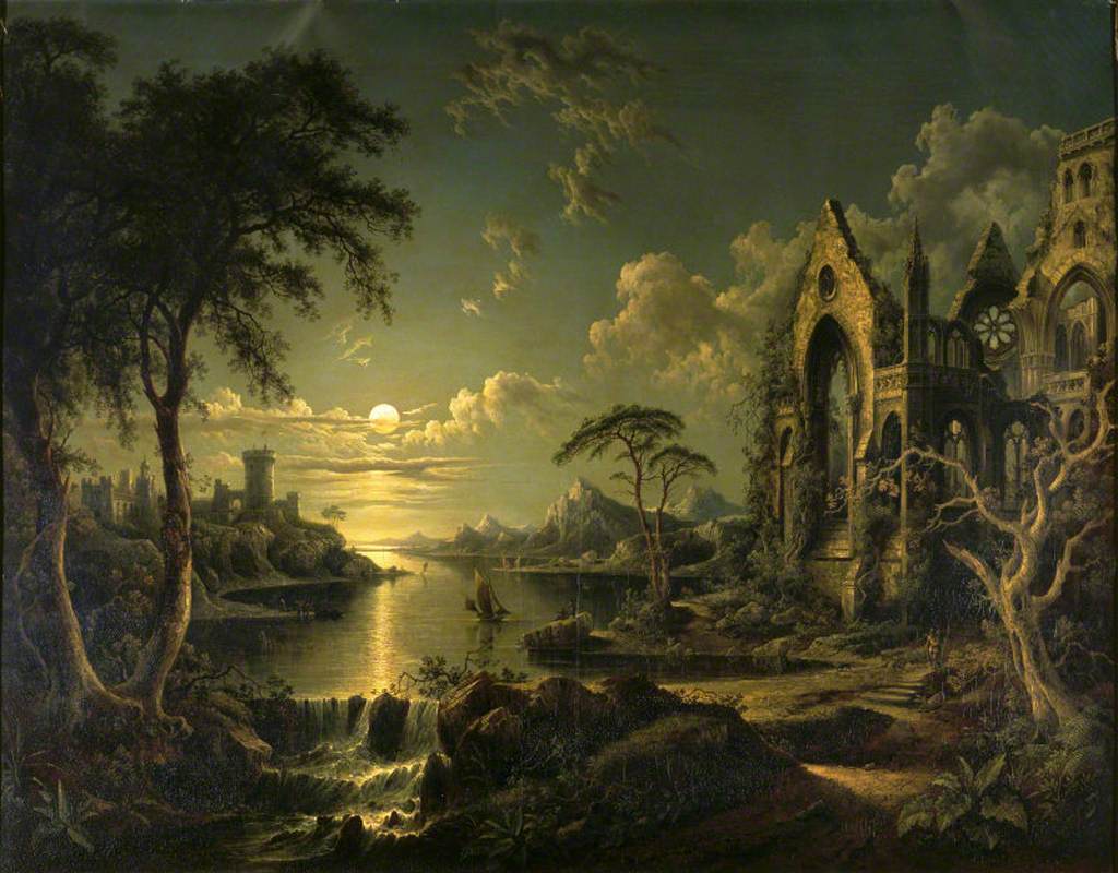 Ruins in art: Sebastian Pether, A Ruined Gothic Ruins in art: Church beside a River by Moonlight