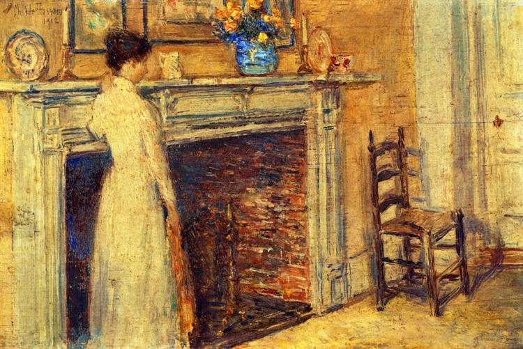 Hygge in Art: Childe Hassam, The Fireplace, 1912, private collection. WikiArt.