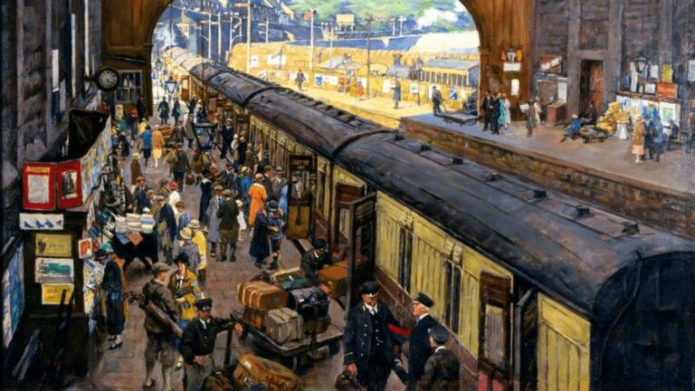 railway station paintings: Stanhope Alexander Forbes, The Terminus, Penzance Station, Cornwall, 1925, National Railway Museum, York, UK. Detail.
