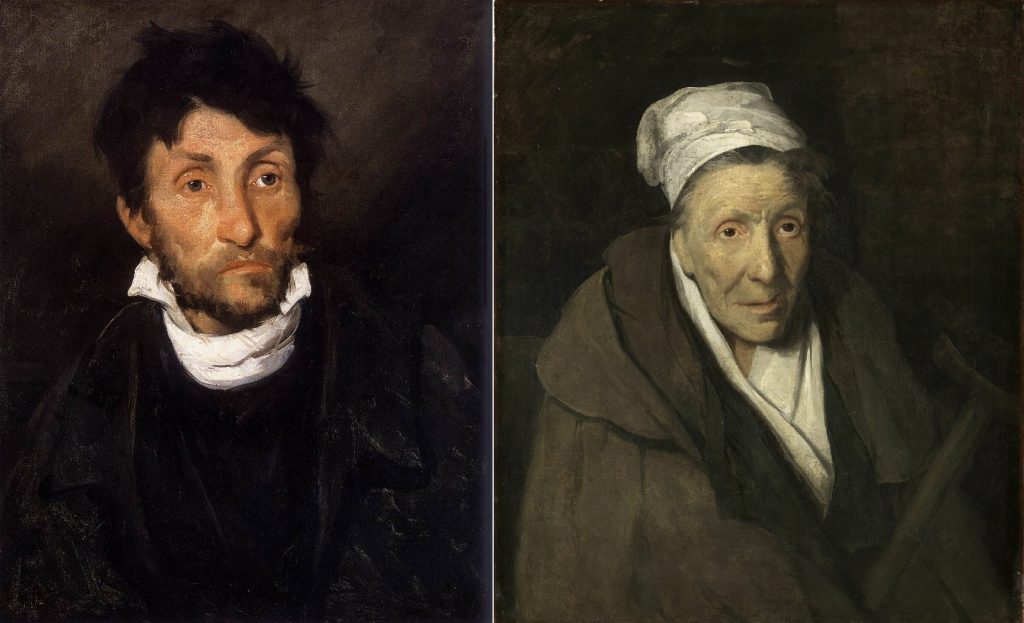 Romanticism: Left: Théodore Géricault, Portrait of a Kleptomaniac, c. 1820, Museum of Fine Arts, Ghent, Belgium. Right: Théodore Géricault, A Woman Addicted to Gambling, 1822, Louvre, Paris, France.
