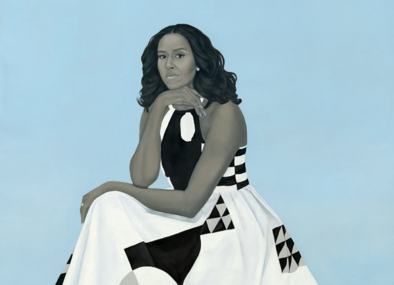 Amy Sherald: Amy Sherald, First Lady Michelle Obama, 2018, National Portrait Gallery, Washington, DC, USA. Detail.
